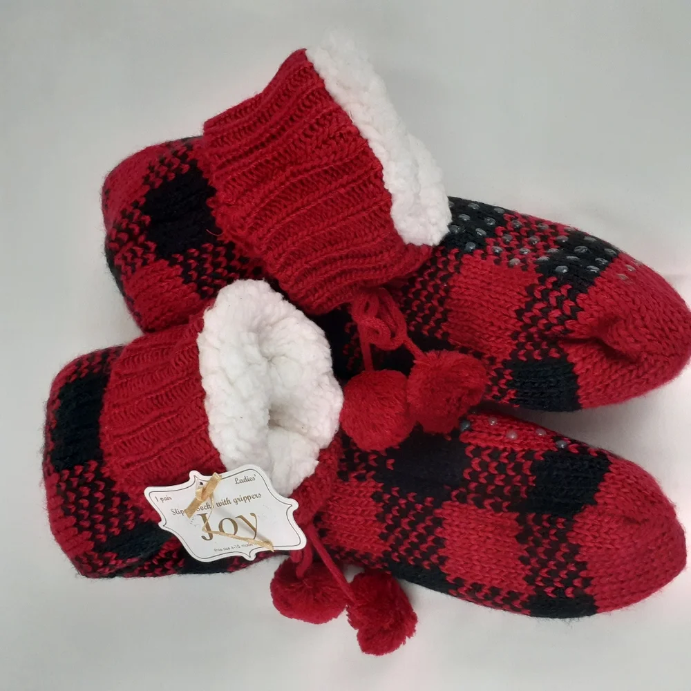 Joy Winter Ladies Slipper Socks With Gripper, Red and Black Size 4-10 Shoes